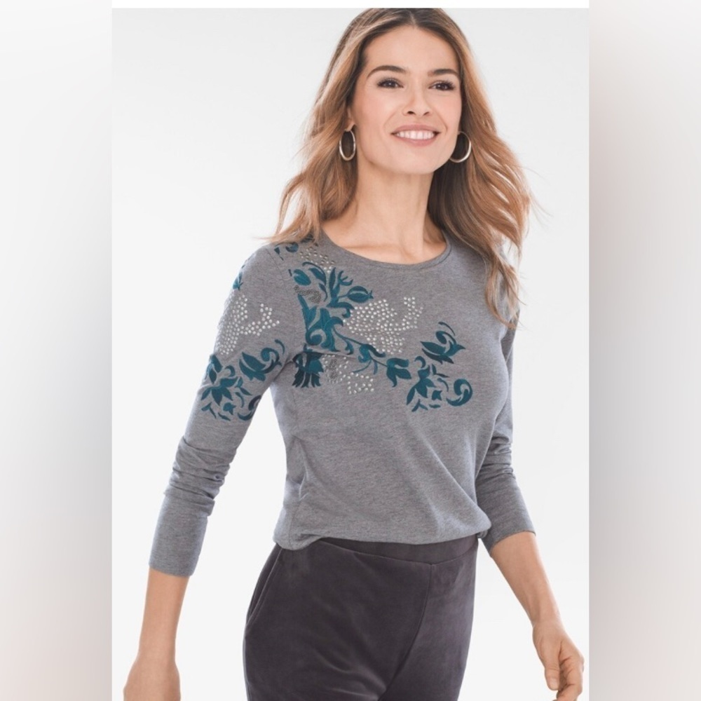 Chicos Womens XL Foil Stud Floral Top Long Sleeve Gray Cotton Modal Boho Sz 3 XL